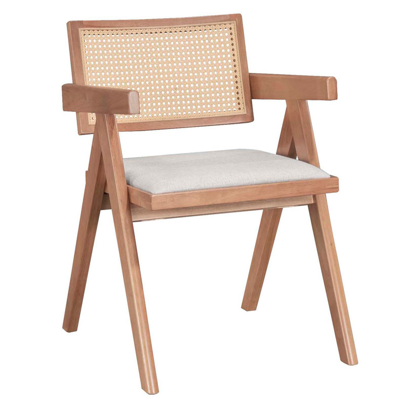 Πολυθρόνα Winslow pakoworld ξύλο rubberwood ανοικτό καρυδί-pvc rattan φυσικό-ύφασμα γκρι 1