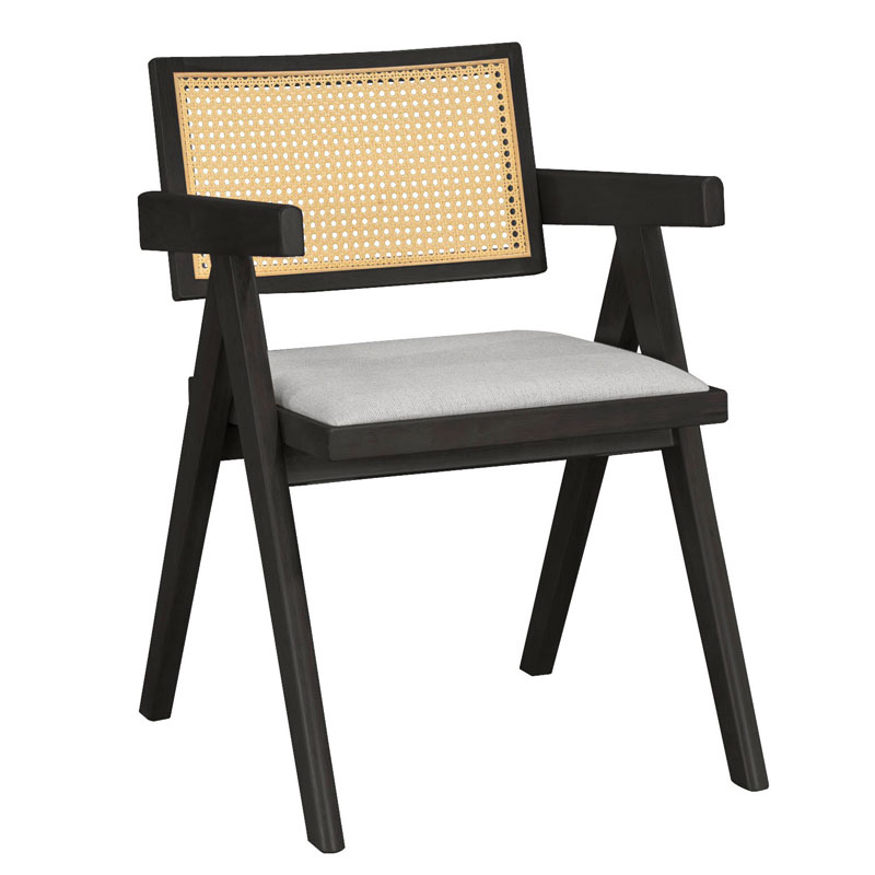 Πολυθρόνα Winslow pakoworld ξύλο rubberwood μαύρο-pvc rattan φυσικό-ύφασμα γκρι 1