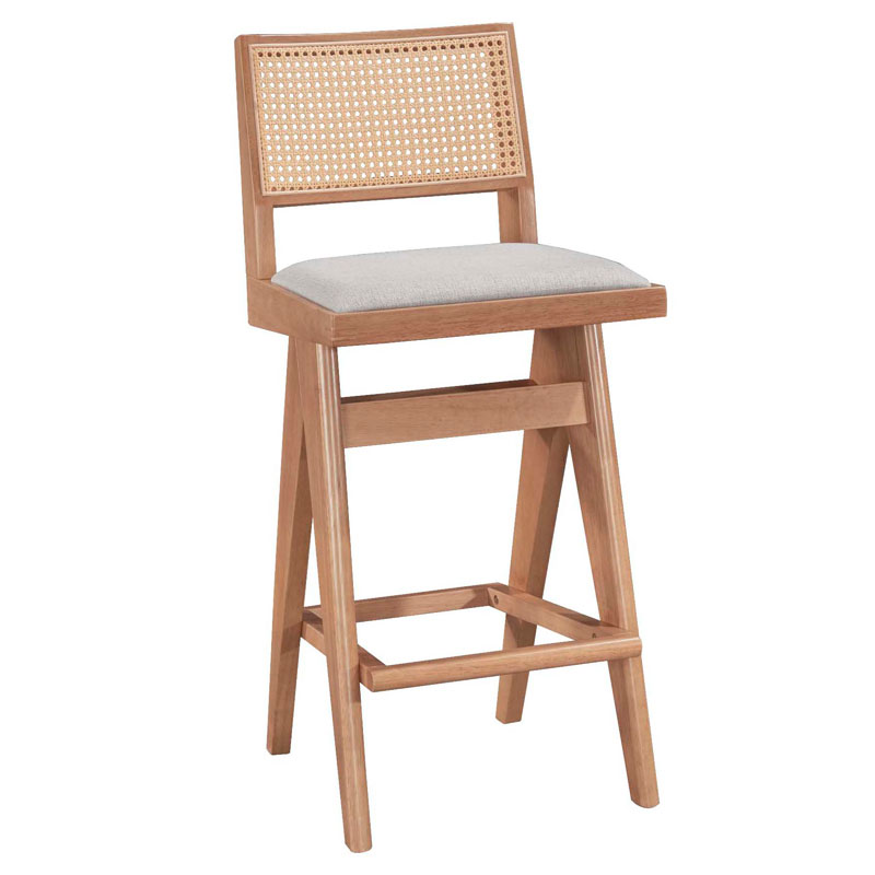 Σκαμπό bar Winslow pakoworld ξύλο rubberwood ανοικτό καρυδί-pvc rattan φυσικό-ύφασμα γκρι 44.5x46x98εκ 1