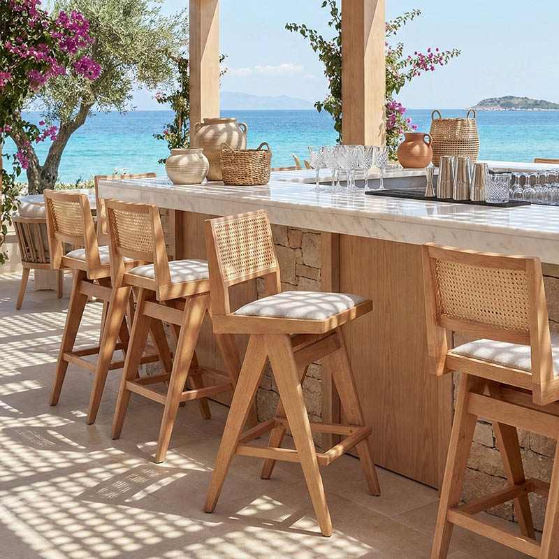 Σκαμπό bar Winslow pakoworld ξύλο rubberwood ανοικτό καρυδί-pvc rattan φυσικό-ύφασμα γκρι 44.5x46x98εκ 2