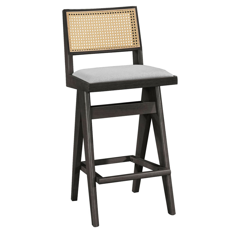 Σκαμπό bar Winslow pakoworld ξύλο rubberwood μαύρο-pvc rattan φυσικό-ύφασμα γκρι 44.5x46x98εκ 1