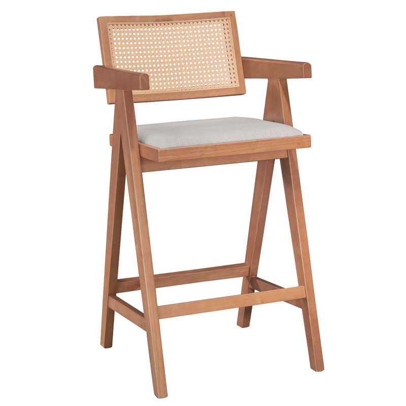Σκαμπό bar Winslow pakoworld ξύλο rubberwood ανοικτό καρυδί-pvc rattan φυσικό-ύφασμα γκρι 1