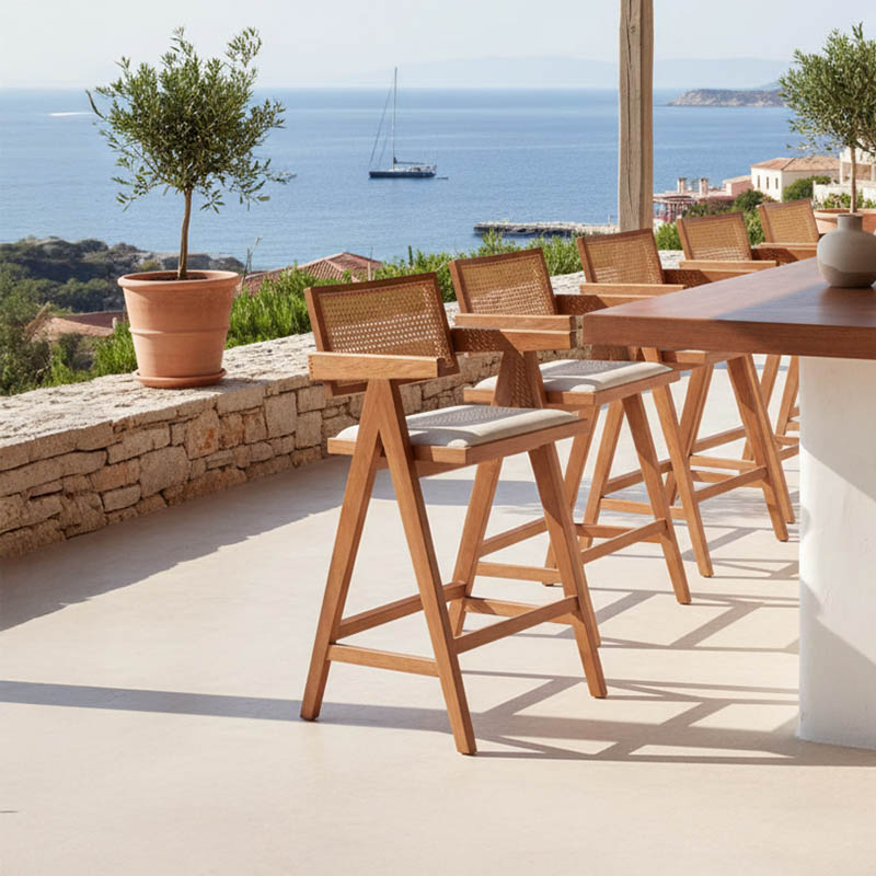 Σκαμπό bar Winslow pakoworld ξύλο rubberwood ανοικτό καρυδί-pvc rattan φυσικό-ύφασμα γκρι 2