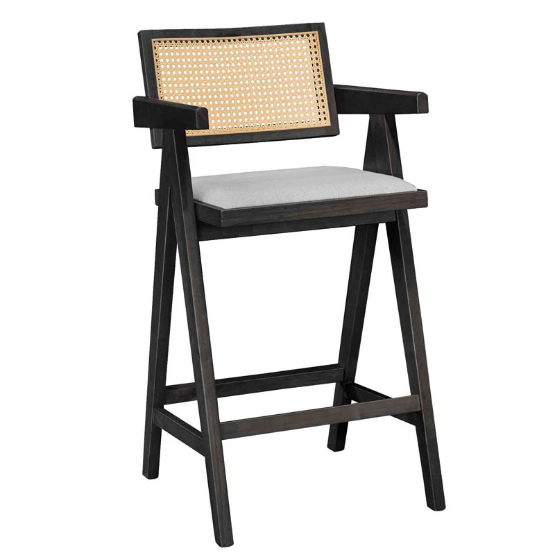 Σκαμπό bar Winslow pakoworld ξύλο rubberwood μαύρο-pvc rattan φυσικό-ύφασμα γκρι 2