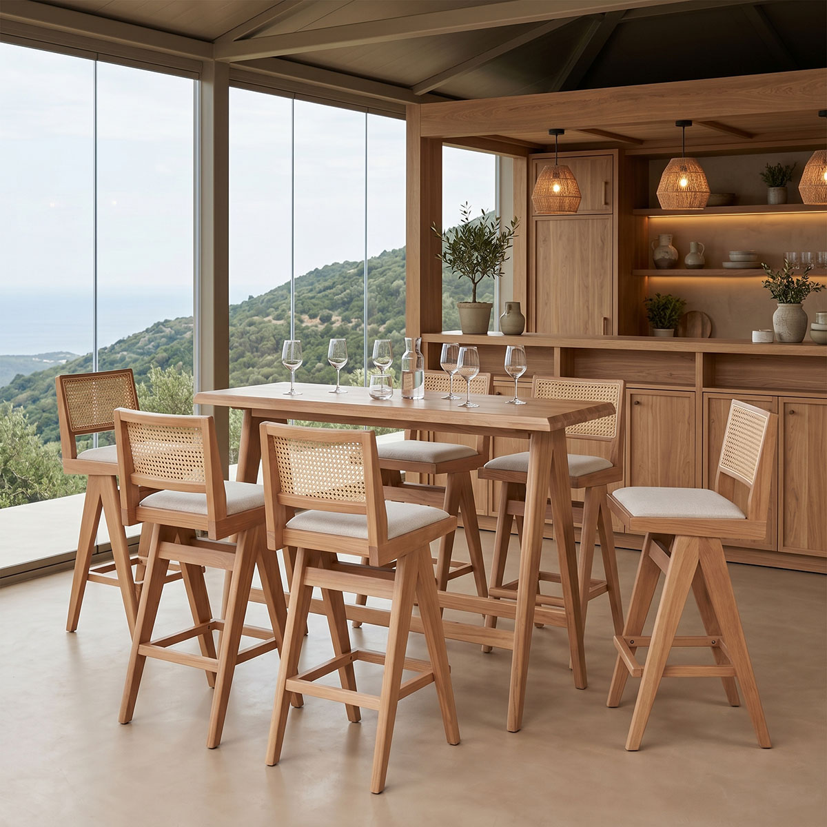 Τραπεζαρία μπαρ Winslow pakoworld σετ 7τεμ ξύλο rubberwood ανοιχτό καρυδί 120x45x100εκ 1