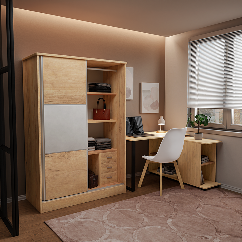 Ντουλάπα ρούχων Chase pakoworld δίφυλλη με συρόμενες πόρτες χρώμα oak 152.5x56.5x185εκ 3