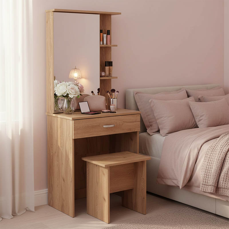 Τουαλέτα κρεβατοκάμαρας Zelia pakoworld με καθρέπτη και σκαμπό χρώμα oak 60x40.5x151εκ 2