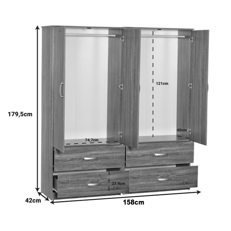 Ντουλάπα ρούχων τετράφυλλη Zelia Ι pakoworld με 4 συρτάρια χρώμα καρυδί 158x42x180εκ 3