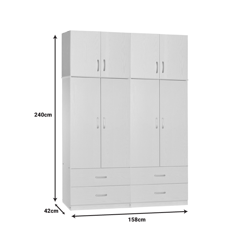 Ντουλάπα ρούχων τετράφυλλη με πατάρι Zelia A pakoworld με 4 συρτάρια χρώμα λευκό 158x42x240εκ 4