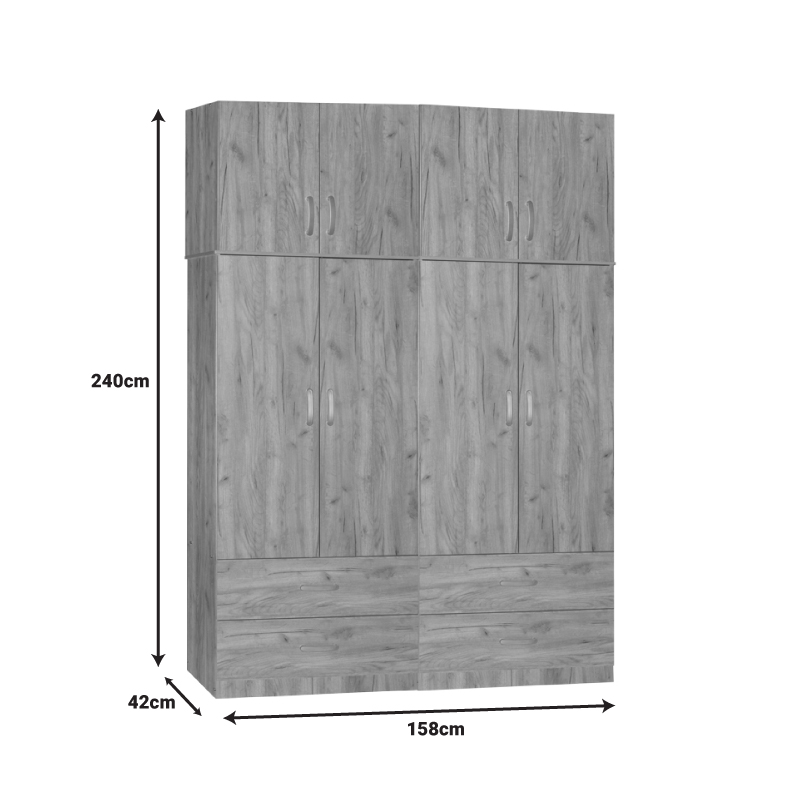 Ντουλάπα ρούχων τετράφυλλη με πατάρι Zelia B pakoworld με 4 συρτάρια χρώμα oak 158x42x240εκ 4