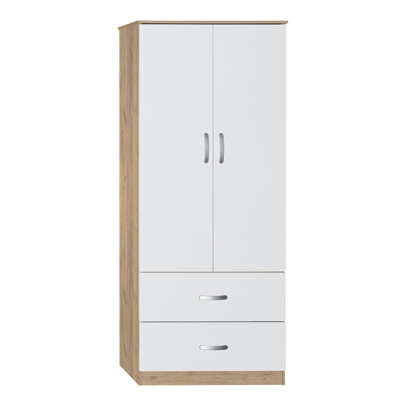 Ντουλάπα ρούχων δίφυλλη Zelia pakoworld με 2 συρτάρια σε λευκή με oak απόχρωση 79x42x180εκ 1