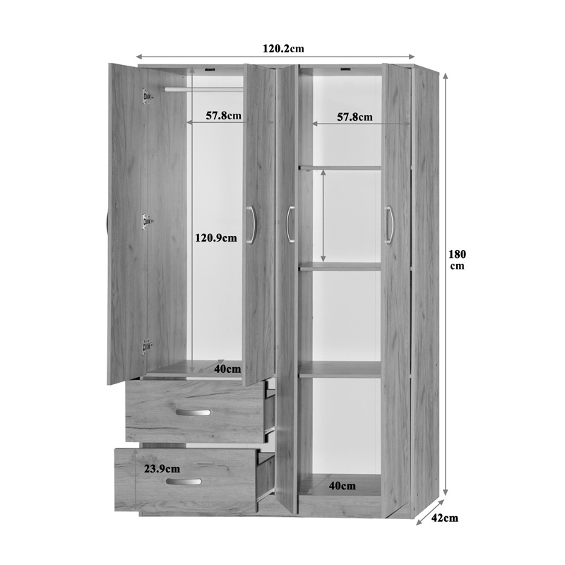 Ντουλάπα ρούχων τετράφυλλη με πατάρι Zelia pakoworld με 2 συρτάρια σε oak απόχρωση 120x42x240εκ 4