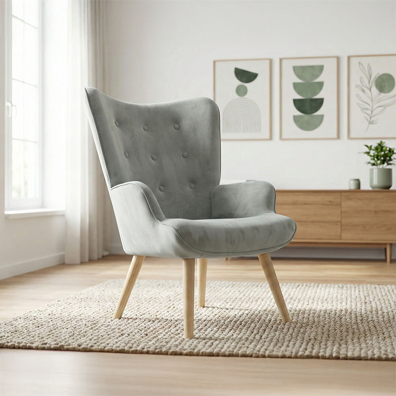 Πολυθρόνα Fluffy pakoworld βελούδο γκρι-φυσικό πόδι 75x69x96εκ 2