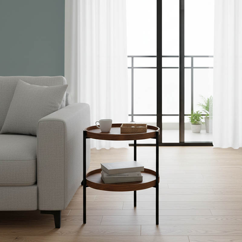 Βοηθητικό τραπέζι Portogie pakoworld mdf καρυδί-μέταλλο μαύρο Φ40x50εκ 1