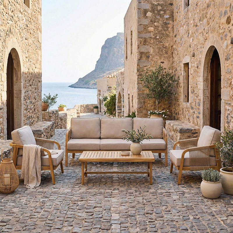 Σαλόνι εξωτερικού χώρου Malibu III pakoworld ξύλο ακακίας με σχοινί σε φυσική απόχρωση και μπεζ μαξιλάρια 1