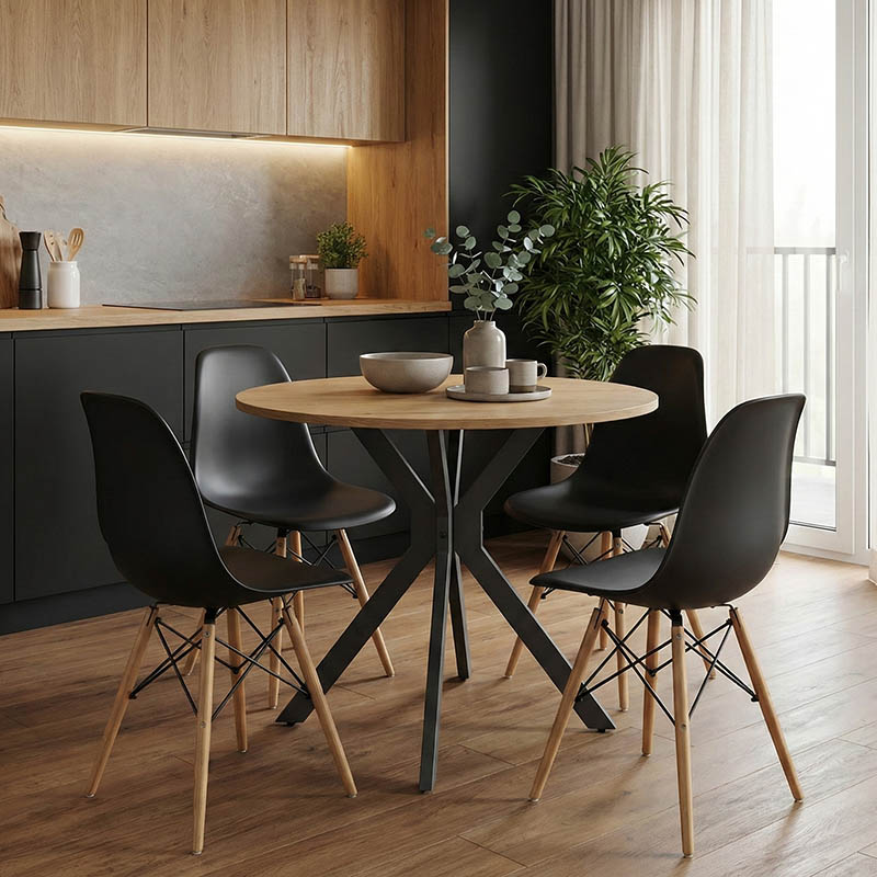 Τραπέζι Xuson pakoworld φυσικό mdf-πόδι μαύρο μέταλλο Φ80x75εκ 2