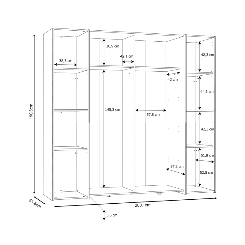 Ντουλάπα ρούχων Closet pakoworld τετράφυλλη sonoma oak-λευκό μελαμίνης 200x61.5x190.5εκ 5