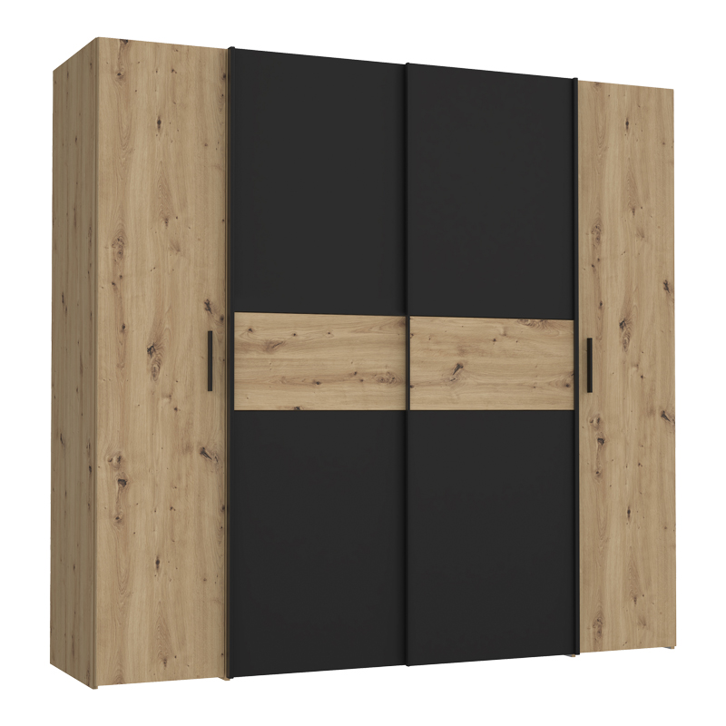 Ντουλάπα ρούχων Bekerk pakoworld τετράφυλλη μαύρο-oak μελαμίνης 200x61.5x190.5εκ 1