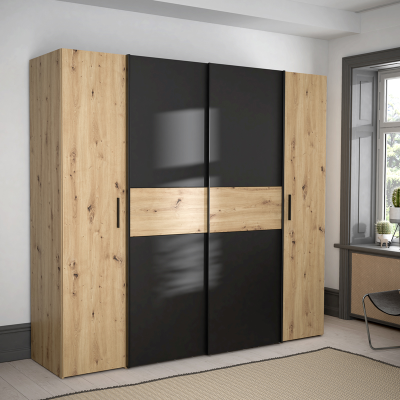 Ντουλάπα ρούχων Bekerk pakoworld τετράφυλλη μαύρο-oak μελαμίνης 200x61.5x190.5εκ 2