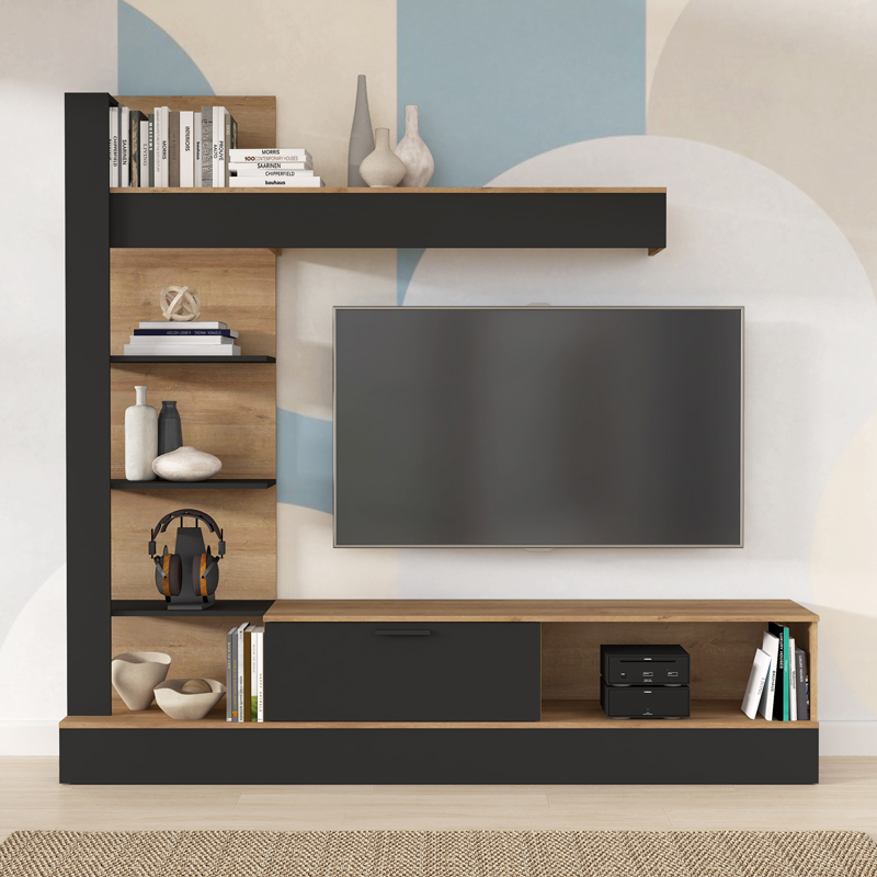 Σύνθετο σαλονιού Dranko pakoworld μαύρο-oak μελαμίνης 205x41.5x192εκ 2