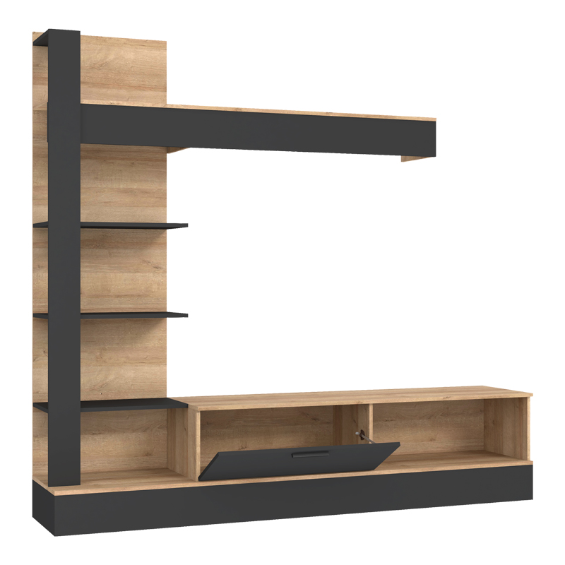 Σύνθετο σαλονιού Dranko pakoworld μαύρο-oak μελαμίνης 205x41.5x192εκ 4