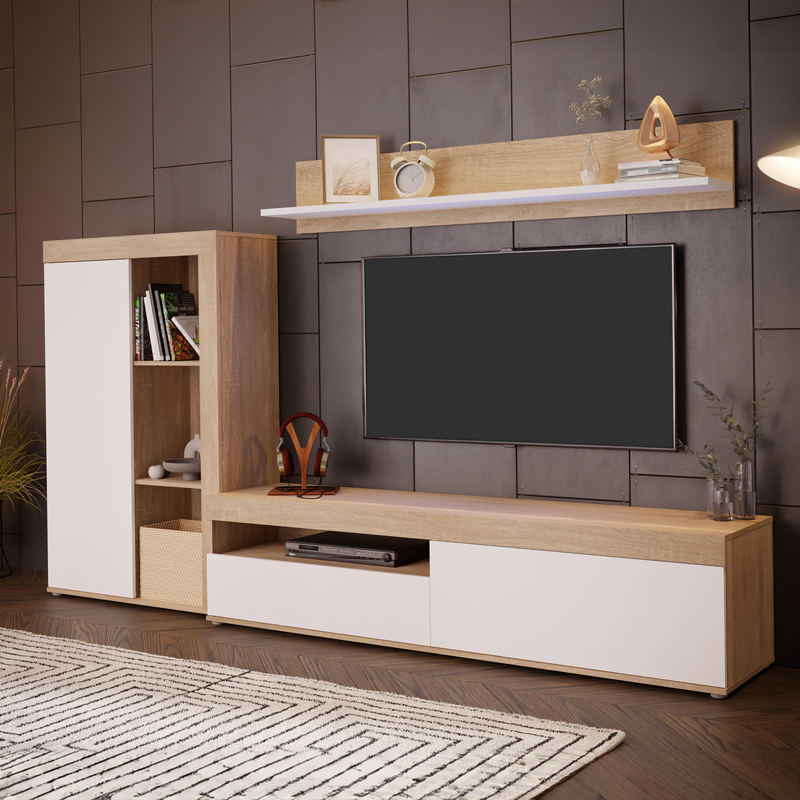 Σύνθετο σαλονιού Zorbi pakoworld λευκό-sonoma oak μελαμίνης 265x41x158.5εκ 2