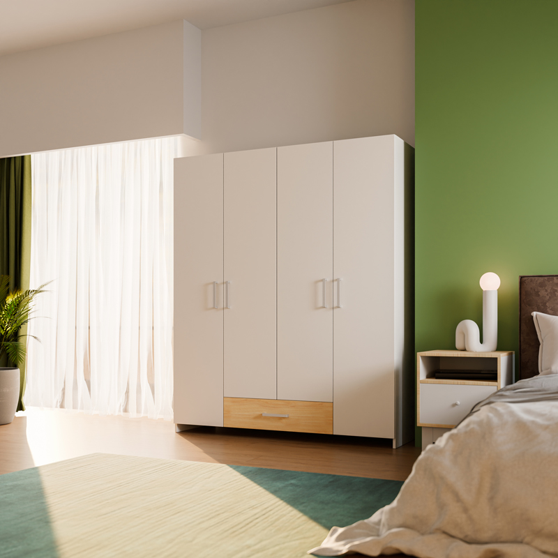 Ντουλάπα ανοιγόμενη τετράφυλλη Generiale pakoworld μελαμίνη λευκή-oak με 3 ράφια γκρι 159x54.5x190.5εκ 2