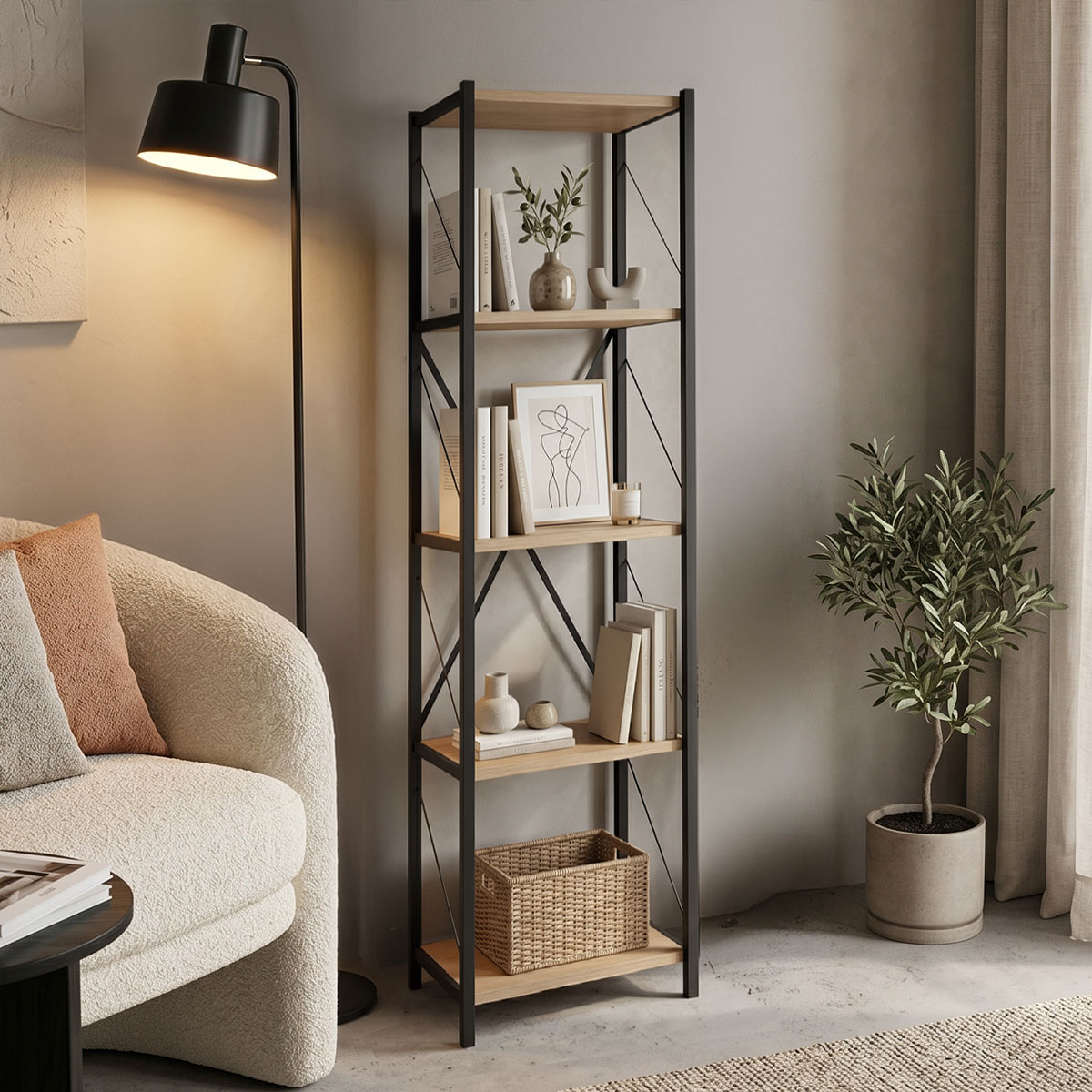 Βιβλιοθήκη Glase pakoworld oak μελαμίνης-μαύρο μέταλλο 40x30x150εκ 1