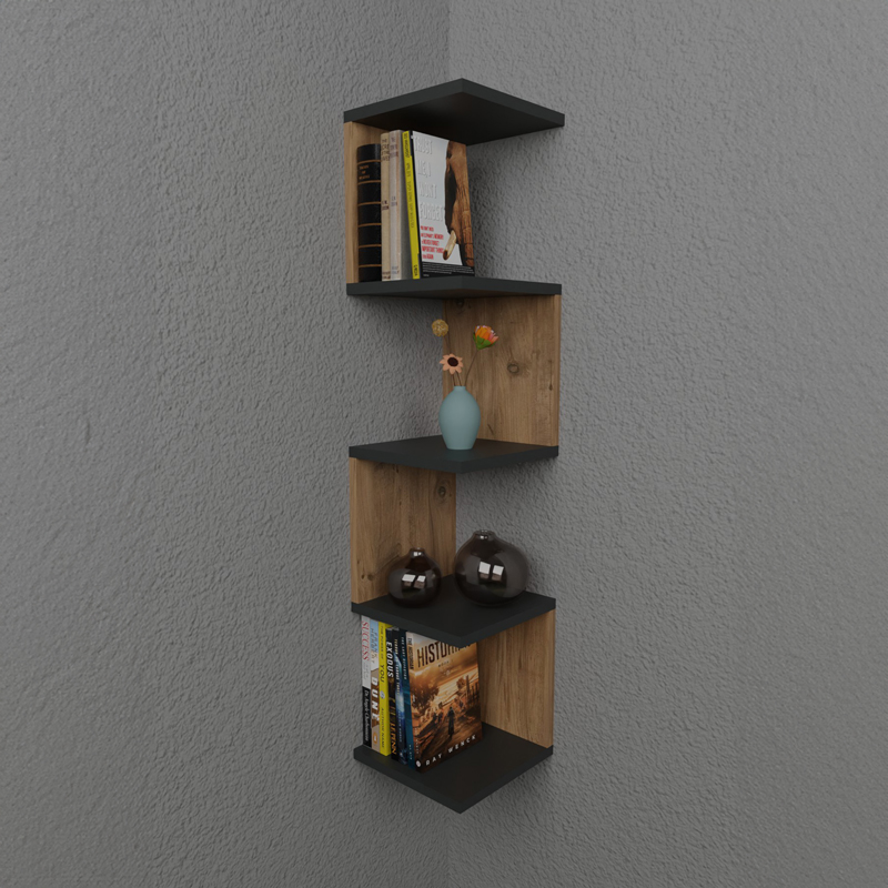 Ραφιέρα τοίχου Zigzag pakoworld oak-ανθρακί μελαμίνης 25x25x109εκ 2