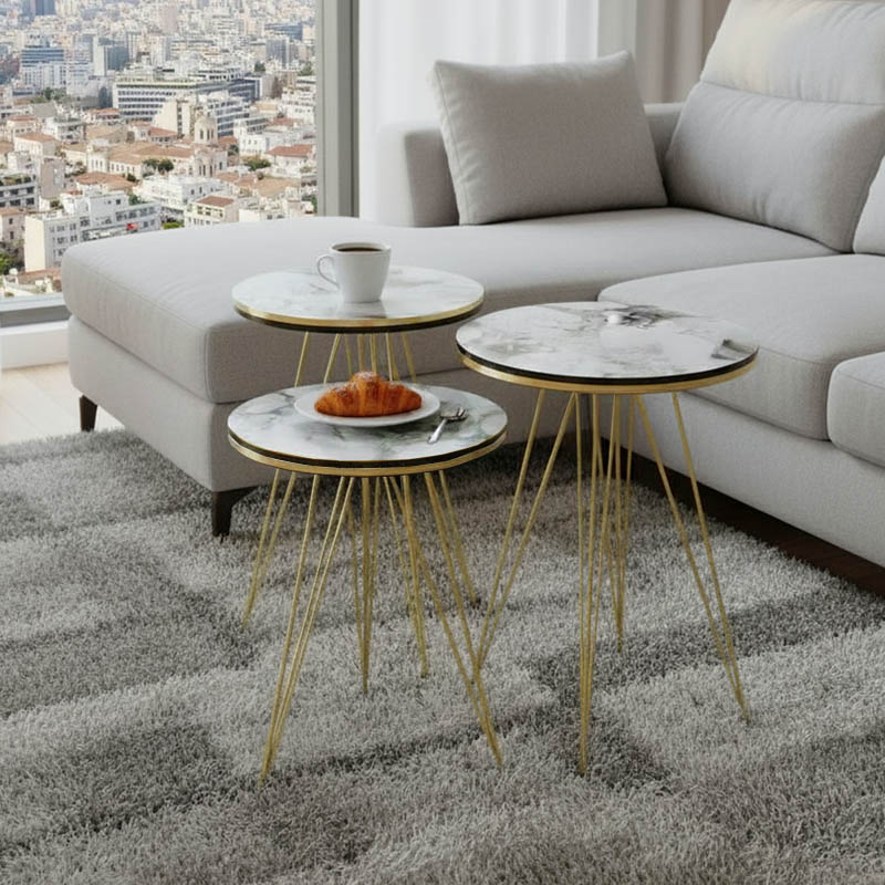 Βοηθητικά τραπέζια Wakmi pakoworld σετ 3τεμ λευκό μπεζ μαρμάρου μελαμίνης-χρυσό μέταλλο 1