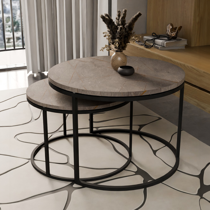 Τραπέζια σαλονιού Solme pakoworld σετ 2τεμ γκρι μαρμάρου μελαμίνης-μαύρο μέταλλο 2
