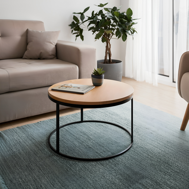 Τραπέζι σαλονιού Drion pakoworld oak μελαμίνης-μαύρο μέταλλο Φ60x42εκ 2