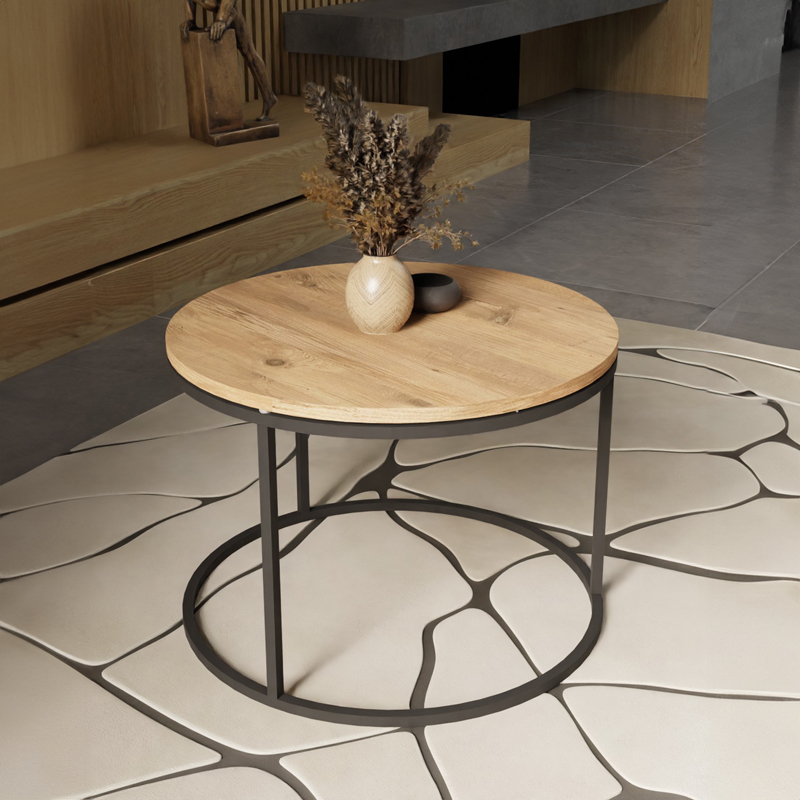 Τραπέζι σαλονιού Drion pakoworld oak μελαμίνης-μαύρο μέταλλο Φ60x42εκ 3