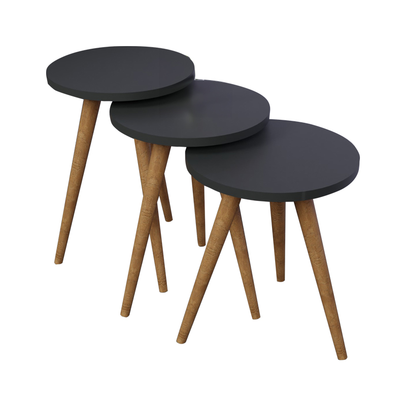 Βοηθητικά τραπέζια Perjene pakoworld σετ 3τεμ μελαμίνη σε ανθρακί απόχρωση και ξύλινα πόδια 2