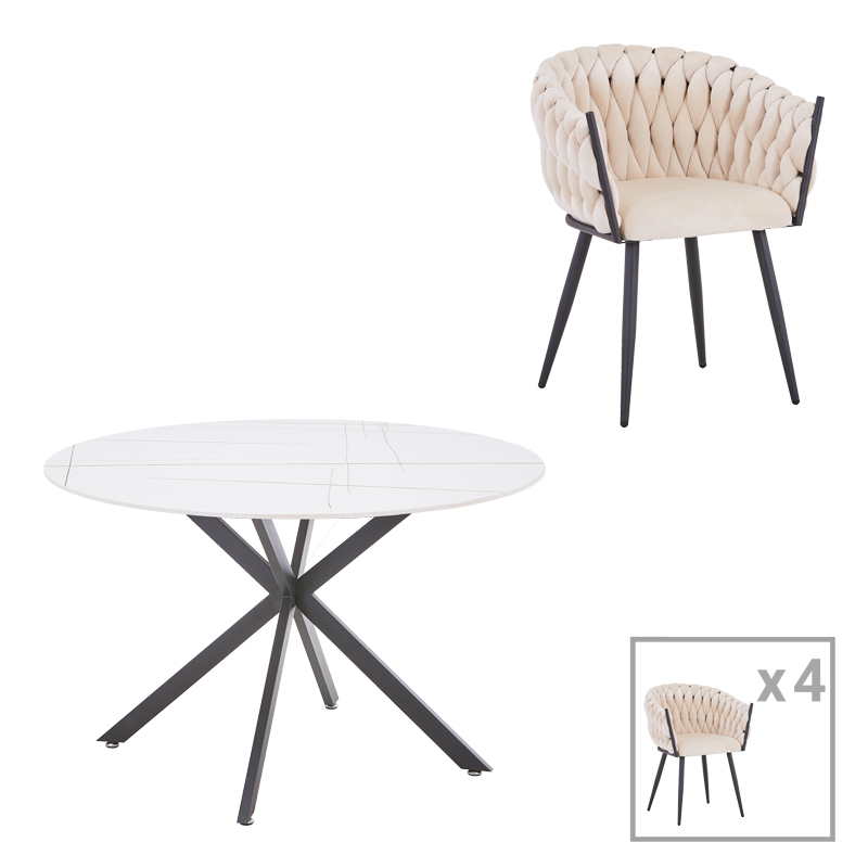 Τραπεζαρία Vivian-Stoyen pakoworld 5τεμ μπεζ βελούδο - λευκό με μαύρο μαρμάρου Φ120x75εκ 1