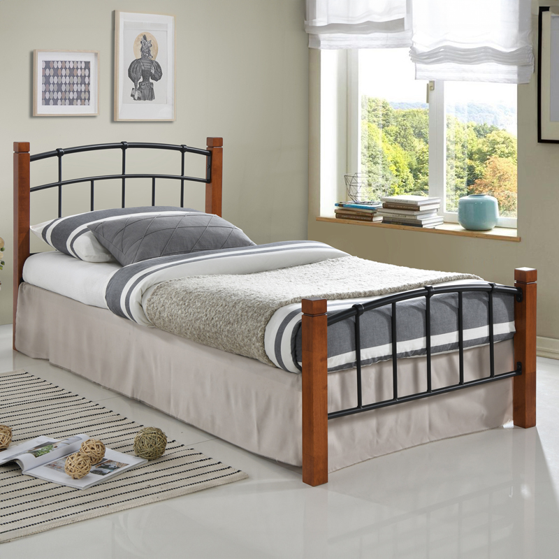 Κρεβάτι Mandy pakoworld ξύλο σε καρυδί απόχρωση-μαύρο μέταλλο 90x190εκ 1