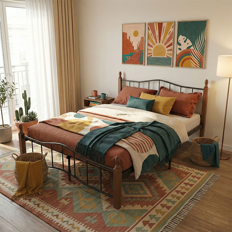 Κρεβάτι διπλό Faryn pakoworld ξύλο σε καρυδί απόχρωση-μαύρο μέταλλο 150x190εκ 1