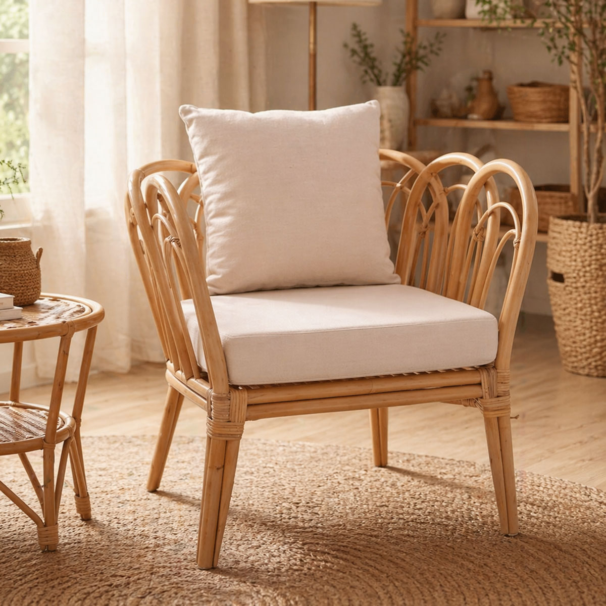 Πολυθρόνα Tania pakoworld φυσικό rattan-λευκό μαξιλάρι 76x76x76εκ 1