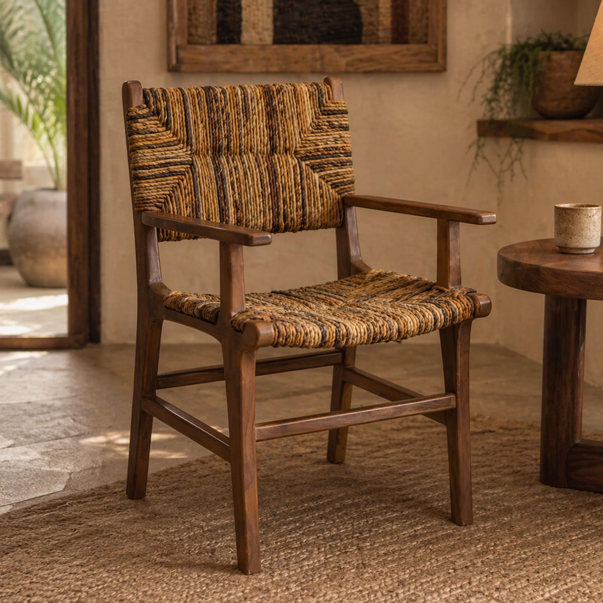 Πολυθρόνα Refane pakoworld φυσικό teak ξύλο-ψάθα 55x60x85εκ 1