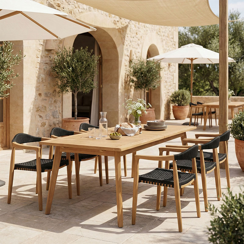 Τραπεζαρία 7 τεμ. Ganny-Pino pakoworld teak ξύλο σε φυσική - μαυρη απόχρωση 180/240x100x75εκ 1