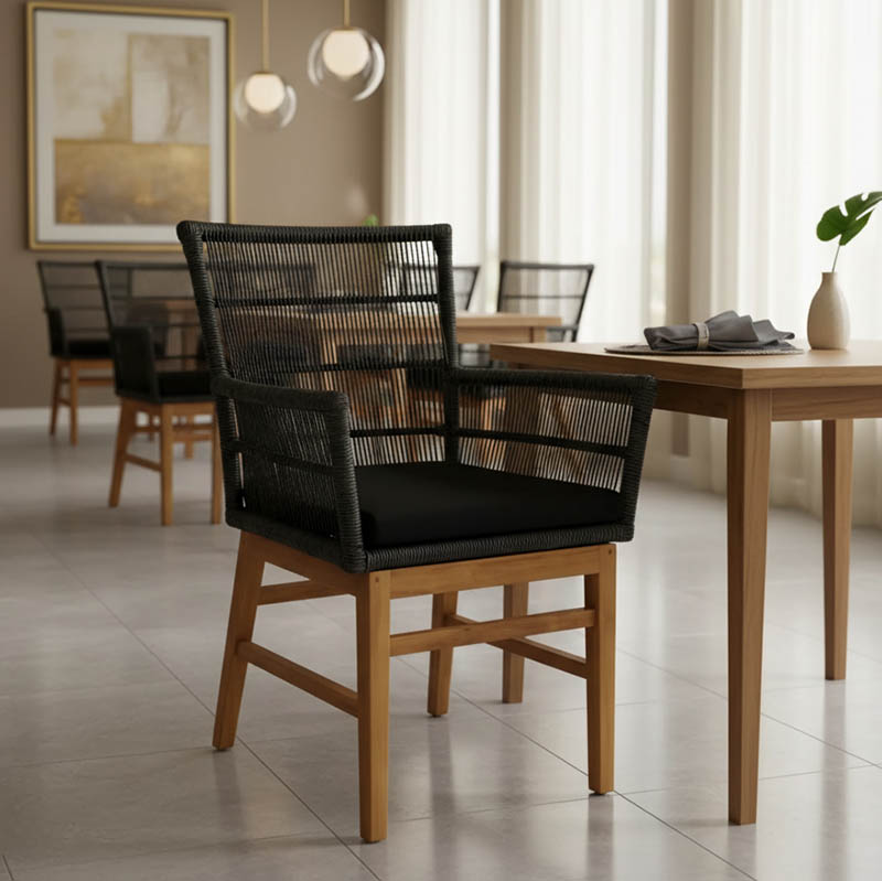 Πολυθρόνα Inca pakoworld teak ξύλο και συνθετικό σχοινί σε φυσική-μαύρη απόχρωση με μαξιλάρι 60x61x90εκ 3