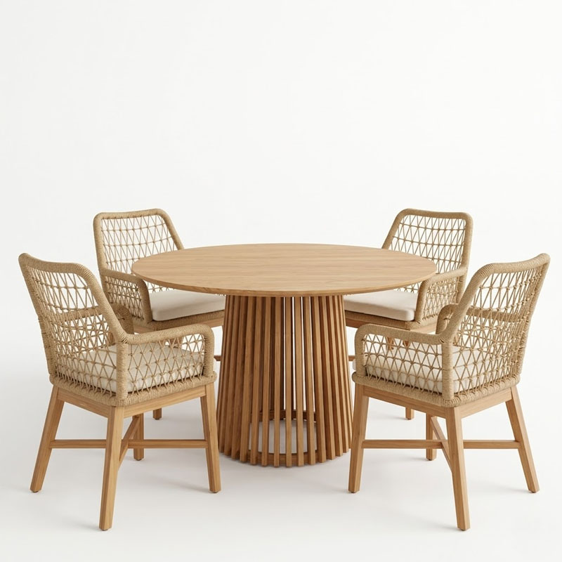 Τραπεζαρία Elaiza-Kenda I pakoworld σετ 5τεμ teak ξύλο σε φυσική-μπεζ απόχρωση Φ120x75εκ 2