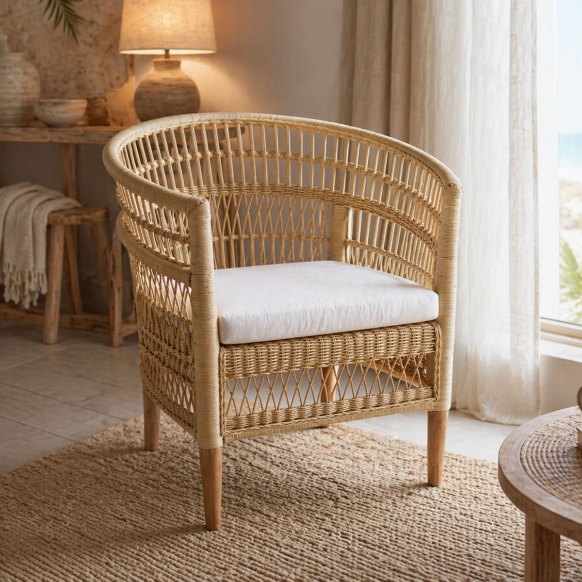 Πολυθρόνα Necorian paakoworld teak ξύλο με pe rattan σε φυσική απόχρωση και λευκό μαξιλάρι 80x70x87εκ 1