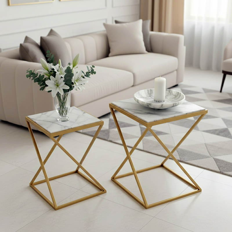 Βοηθητικά τραπεζάκια σαλονιού σετ 2τεμ Zoliene Inart χρυσό μέταλλο-λευκό μαρμάρου 1