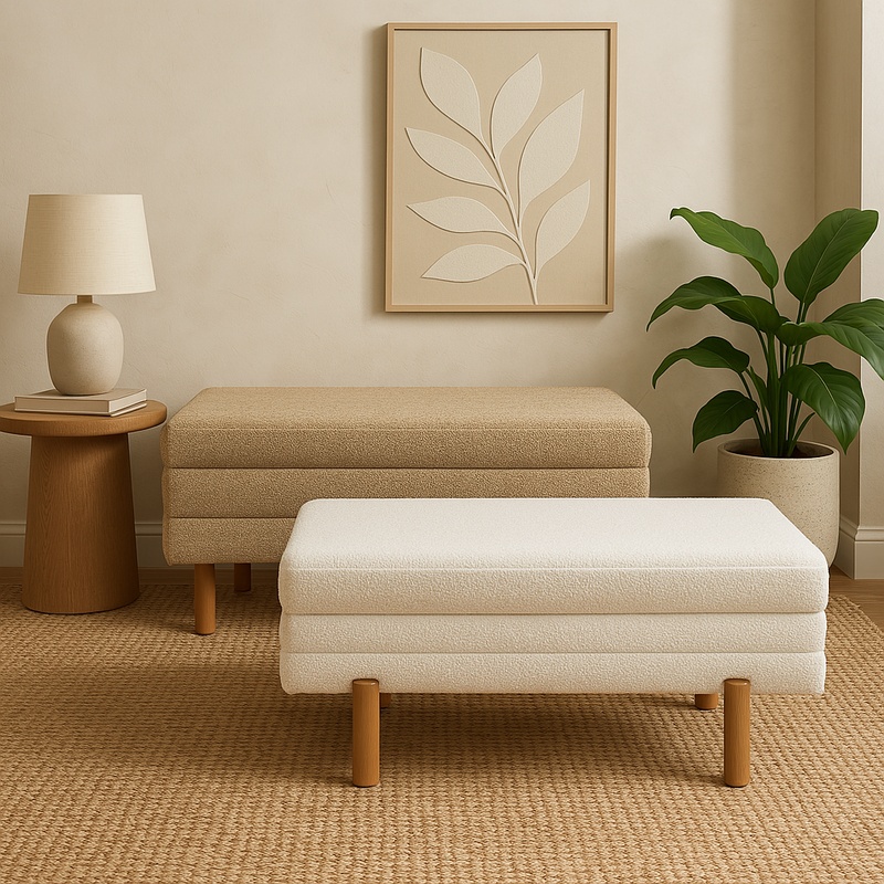 Σκαμπό μπαούλο Cindy Inart σετ 2 τεμ μπουκλέ ύφασμα σε μπεζ και λευκή απόχρωση 2