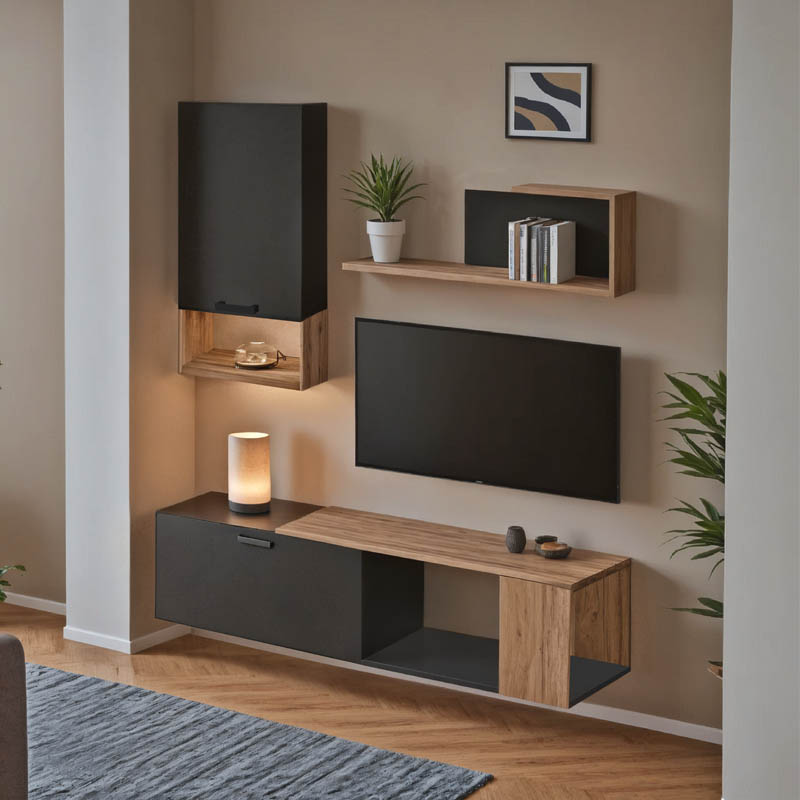 Σύνθετο σαλονιού Poelfy pakoworld σε ανθρακί-oak απόχρωση 170x37.5x42εκ 2