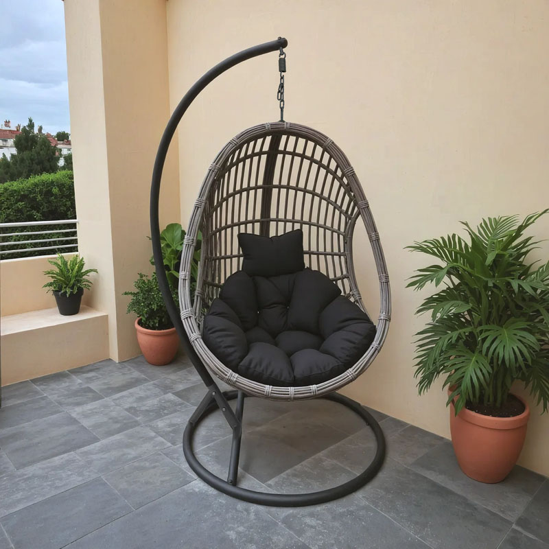Κούνια φωλιά με βάση Cungo pakoworld μέταλλο ανθρακί pe rattan σε γκρι απόχρωση 125x105x195εκ 1
