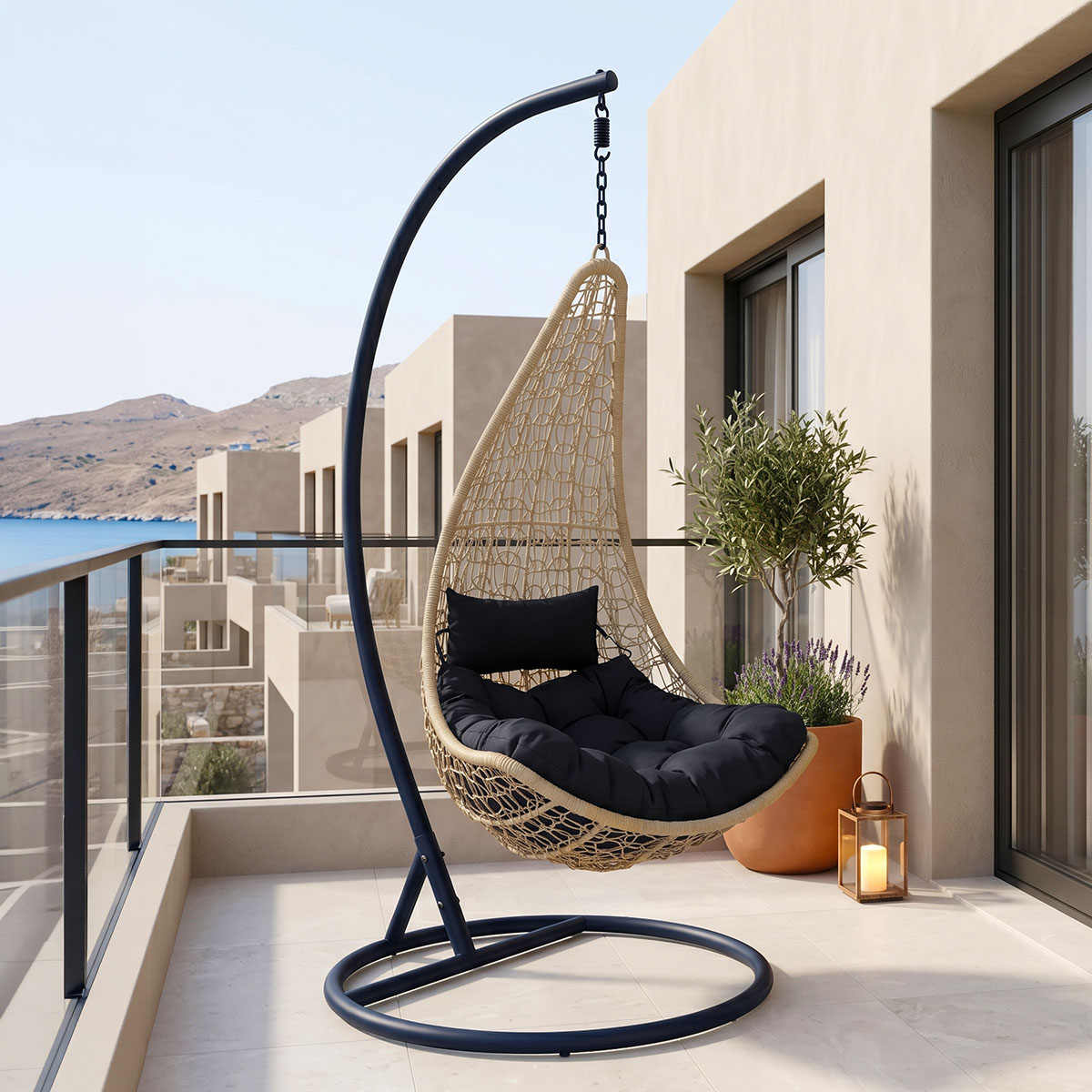 Κούνια φωλιά με βάση Soleil pakoworld μέταλλο μαύρο- pe rattan φυσικό με μαύρο μαξιλάρι 120x95x195εκ 1