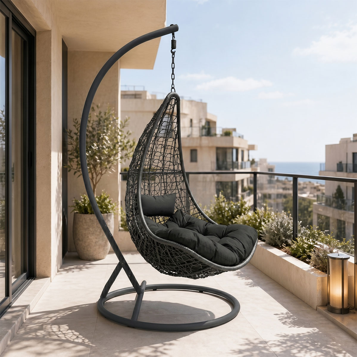 Κούνια φωλιά με βάση Soleil pakoworld μέταλλο ανθρακί- pe rattan ανθρακί με γκρι μαξιλάρι 120x95x195εκ 1