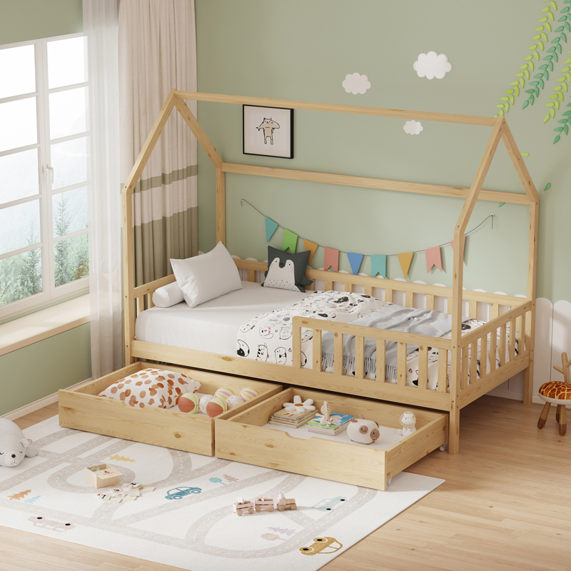 Παιδικό κρεβάτι Piccolo τ. Montessori με 2 συρτάρια pakoworld ξύλο πεύκου σε φυσική απόχρωση 90x190εκ 1